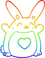 rainbow gradient line drawing of a cartoon rabbit with love heart