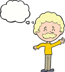 cartoon man with mustache waving with thought bubble