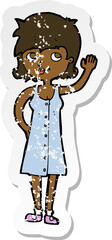 retro distressed sticker of a cartoon pretty woman waving