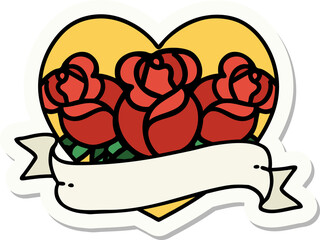 sticker of tattoo in traditional style of a heart and banner with flowers