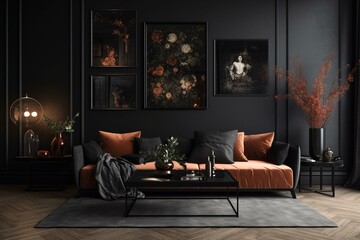 Contemporary living room with black wall. Generative AI