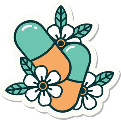 sticker of tattoo in traditional style of pills and flowers