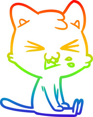 rainbow gradient line drawing of a cartoon cat hissing
