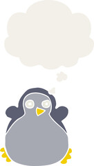 cartoon penguin with thought bubble in retro style
