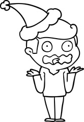 hand drawn line drawing of a man totally stressed out wearing santa hat