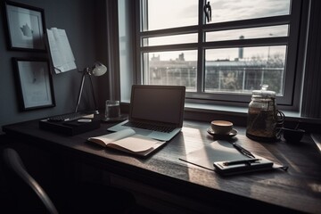 Home office desk near window with computer. Generative AI