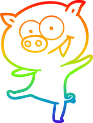 rainbow gradient line drawing of a cheerful dancing pig cartoon