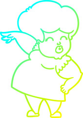 cold gradient line drawing of a cartoon woman making hand gesture