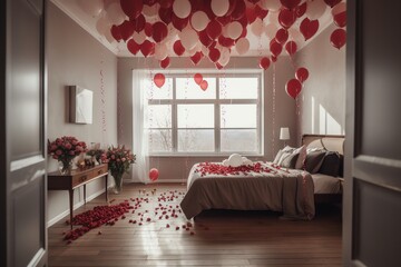 Bedroom Decorated With Hearts, Roses, And Balloons For Valentines Day. Generative AI