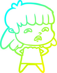 cold gradient line drawing of a cartoon worried woman