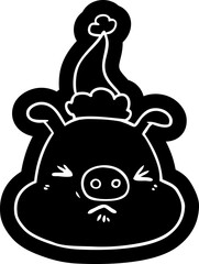quirky cartoon icon of a angry pig face wearing santa hat