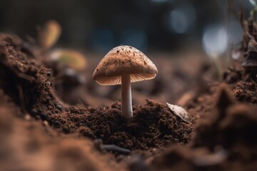 Close up of a magic psilocybin mushroom on dirt. Generative AI