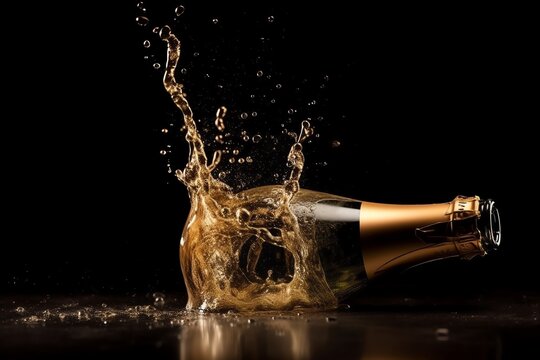 Golden Liquid Sprayed From Popping Champagne Bottle. Generative AI