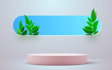 Abstract eco scene background. Cylinder podium with leaves. Product presentation, mock up, show natural cosmetic product. Podium, stage pedestal or platform.