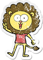 distressed sticker of a happy cartoon lion