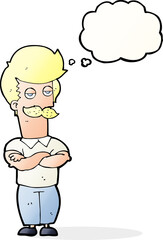 cartoon mustache muscle man with thought bubble