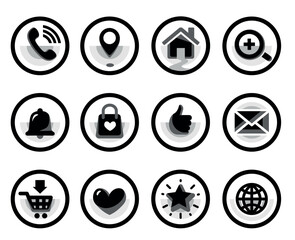 Vector buttons, modern icons in black circle. Web signs for web page.
