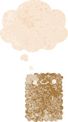 cartoon biscuit with thought bubble in grunge distressed retro textured style