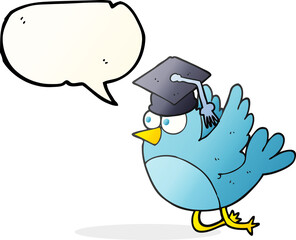 freehand drawn speech bubble cartoon bird wearing graduation cap