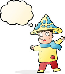 cartoon magical mushroom man with thought bubble