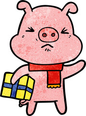 cartoon angry pig with christmas present