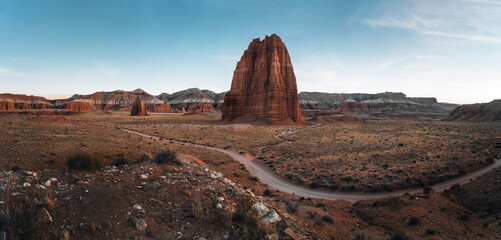 Temple of the Moon and Temple of the sun at sunset, Cathedral Valley, Capitol Reef National Park, Utah, Western United States, USA