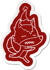 quirky cartoon  sticker of a wolf showing teeth wearing santa hat