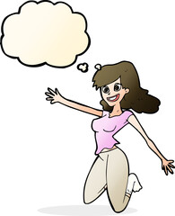 cartoon jumping woman with thought bubble