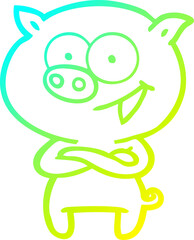 cold gradient line drawing of a cheerful pig cartoon