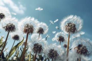 Fototapeta na wymiar Seeds of white dandelions float on a blue sky. Generative AI
