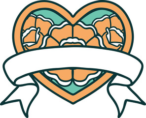 iconic tattoo style image of a heart and banner with flowers