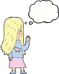 cartoon girl with pony shirt waving with thought bubble