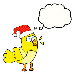 freehand drawn thought bubble cartoon bird wearing christmas hat