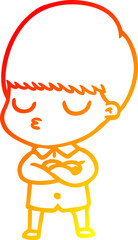 warm gradient line drawing of a cartoon calm boy