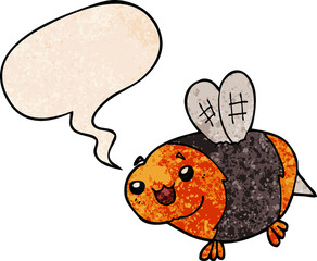 funny cartoon bee with speech bubble in retro texture style