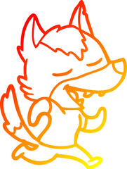 warm gradient line drawing of a cartoon running wolf laughing