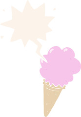cartoon ice cream with speech bubble in retro style