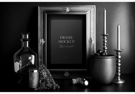 Stylish Home Decor: A Gold Frame, Green Vase, And Candle Holder On Black Tablecloth With Candle, Plant, And Green Vase - Perfect For Modern Interiors! Frame Mockup Template Generative AI