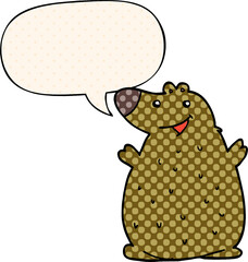 cartoon happy bear with speech bubble in comic book style