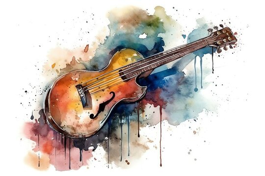 Jazz instruments and watercolor illustrations are combined in an isolated composition. Generative AI