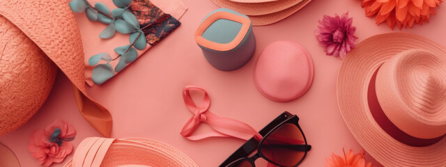 Beach Accessories on pink wooden table. Concept summer vacation. Web Banner Generative AI