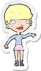 retro distressed sticker of a cartoon happy woman