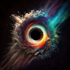 Concept of an black hole surrounded by an neon dust explosion - obrazy, fototapety, plakaty