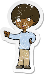 retro distressed sticker of a cartoon pointing boy