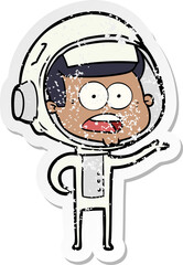 distressed sticker of a cartoon surprised astronaut