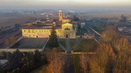 Aerial view of Complesso monumentale di Santa Croce e Tutti i Santi, Bosco Marengo, Alessandria, Piedmont, Italy
