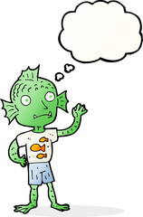 cartoon waving fish boy with thought bubble