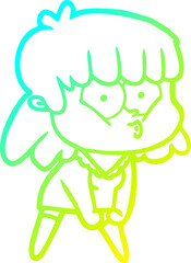 cold gradient line drawing of a cartoon whistling girl