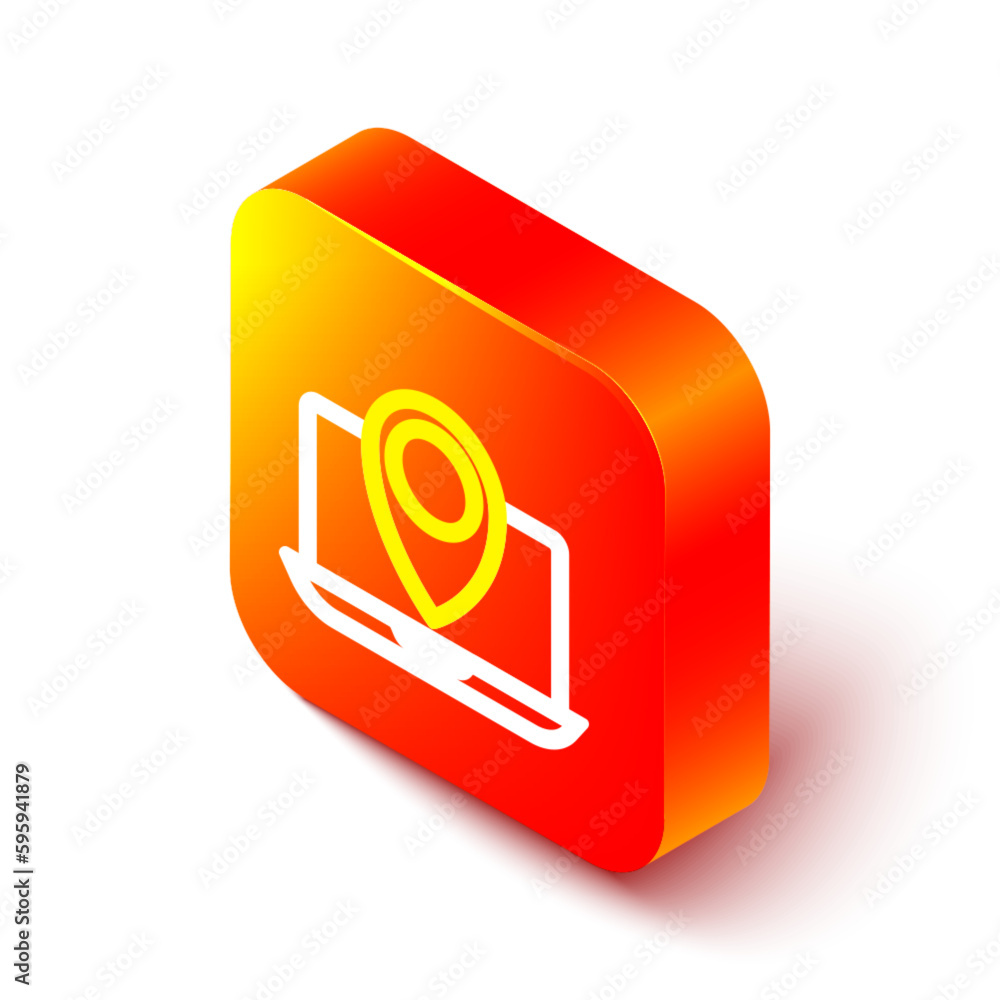 Poster isometric line laptop with location marker icon isolated on white background. orange square button. 