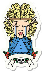 sticker of a sad elf barbarian character with natural one roll
